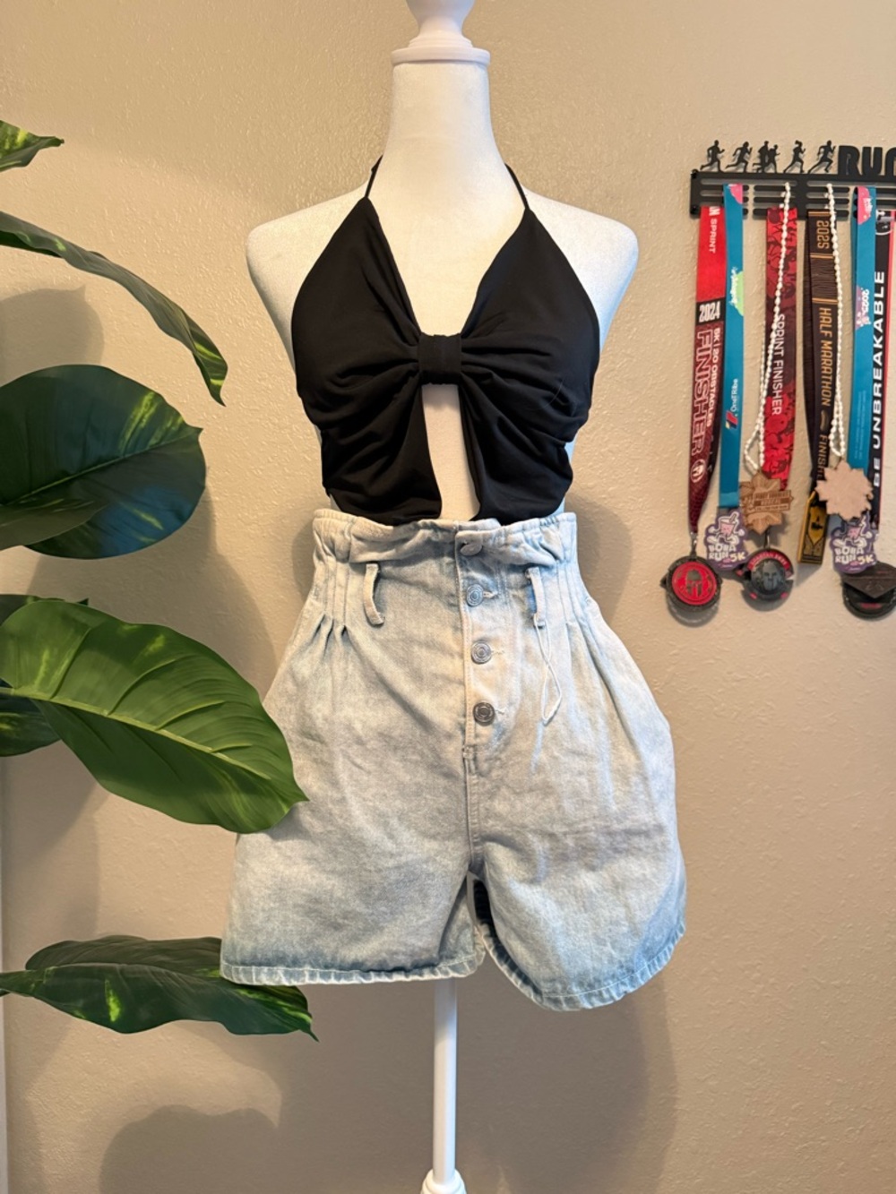 Zara Light Blue High-Rise Paperbag Denim Shorts